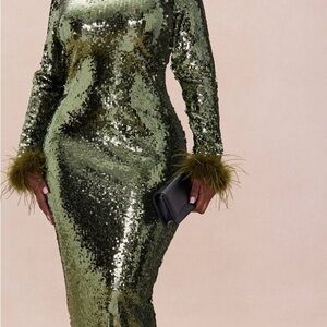 Fashion Nova feathered sequins maxi dress -Olive